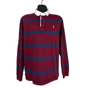 Polo Ralph Lauren Stripe Polo Shirt Long Sleeves Burgundy Navy Blue